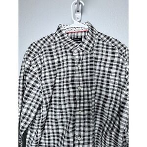 Bugatchi Shirt 2XL Black & White Shaped Fit Plaid Flamingos Flip Cuff Button Up‎